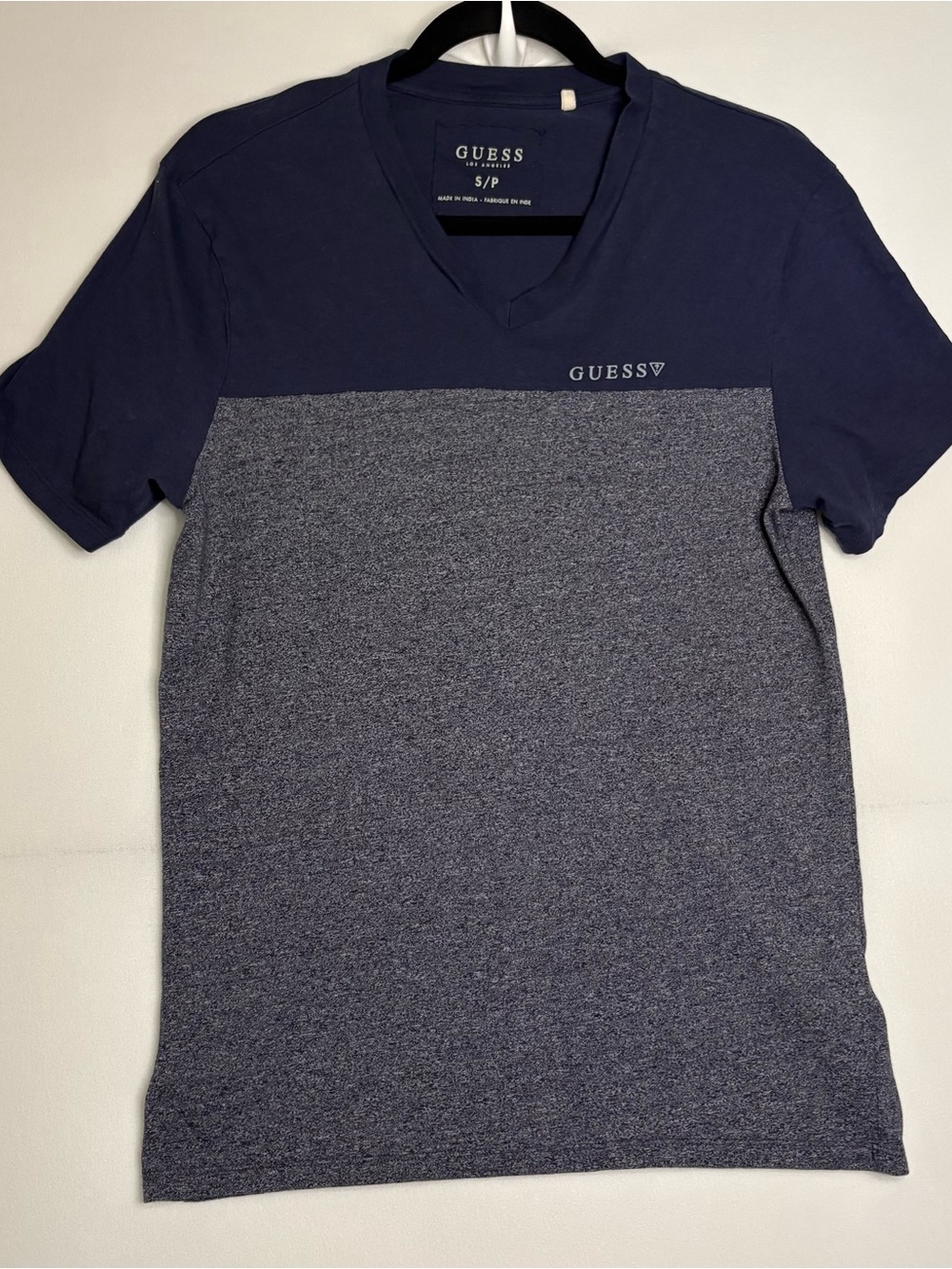 GUESS Men's Navy Two-Tone V-Neck Short Sleeve Tee with Heathered Panel